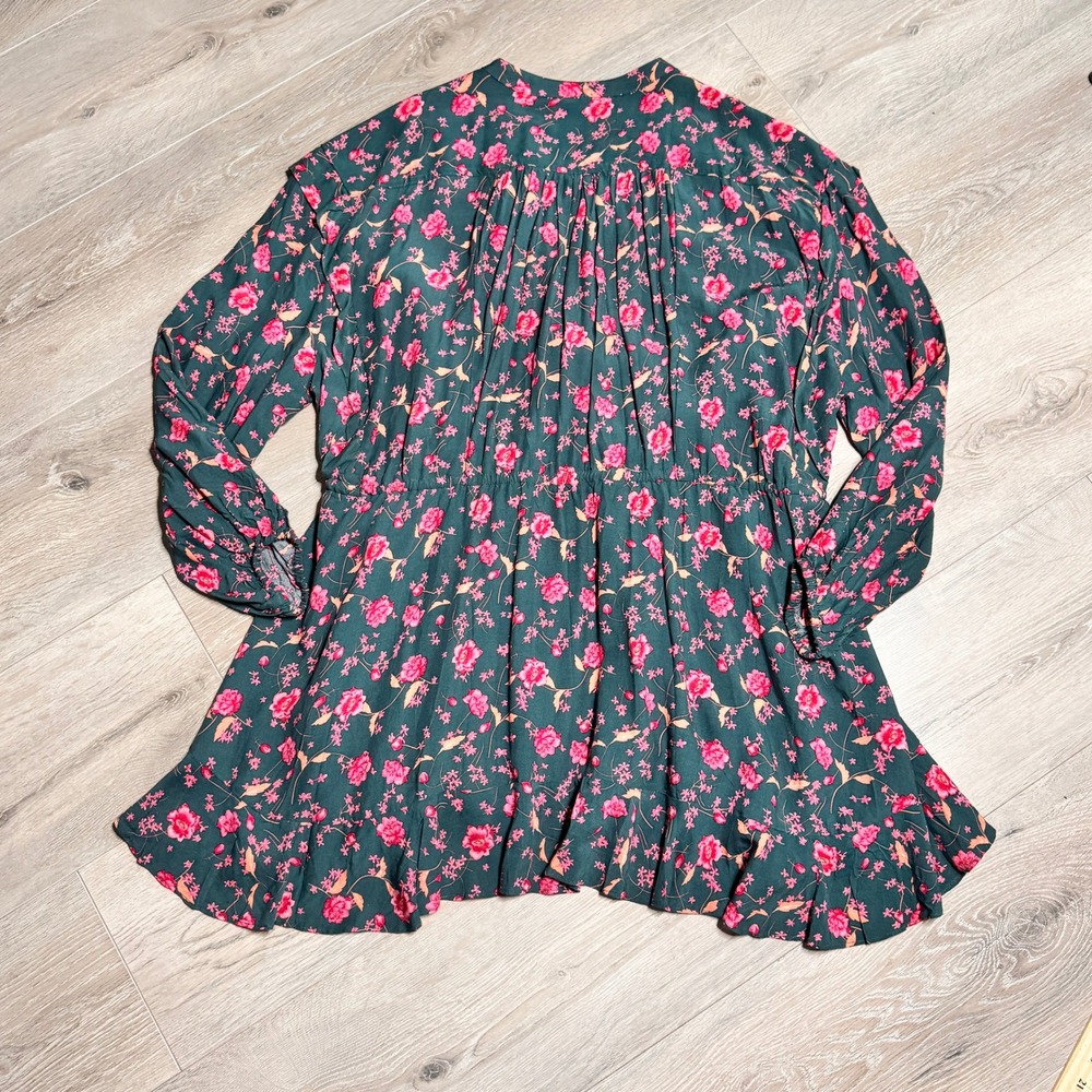 Free People Flower Fields Mini Dress Drawstring Waist Teal Pink Medium M - Picture 2 of 10